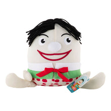 Play School Humpty Dumpty plush toy with official Play School product tag, featuring his familiar smiling face, black hair and red bow.