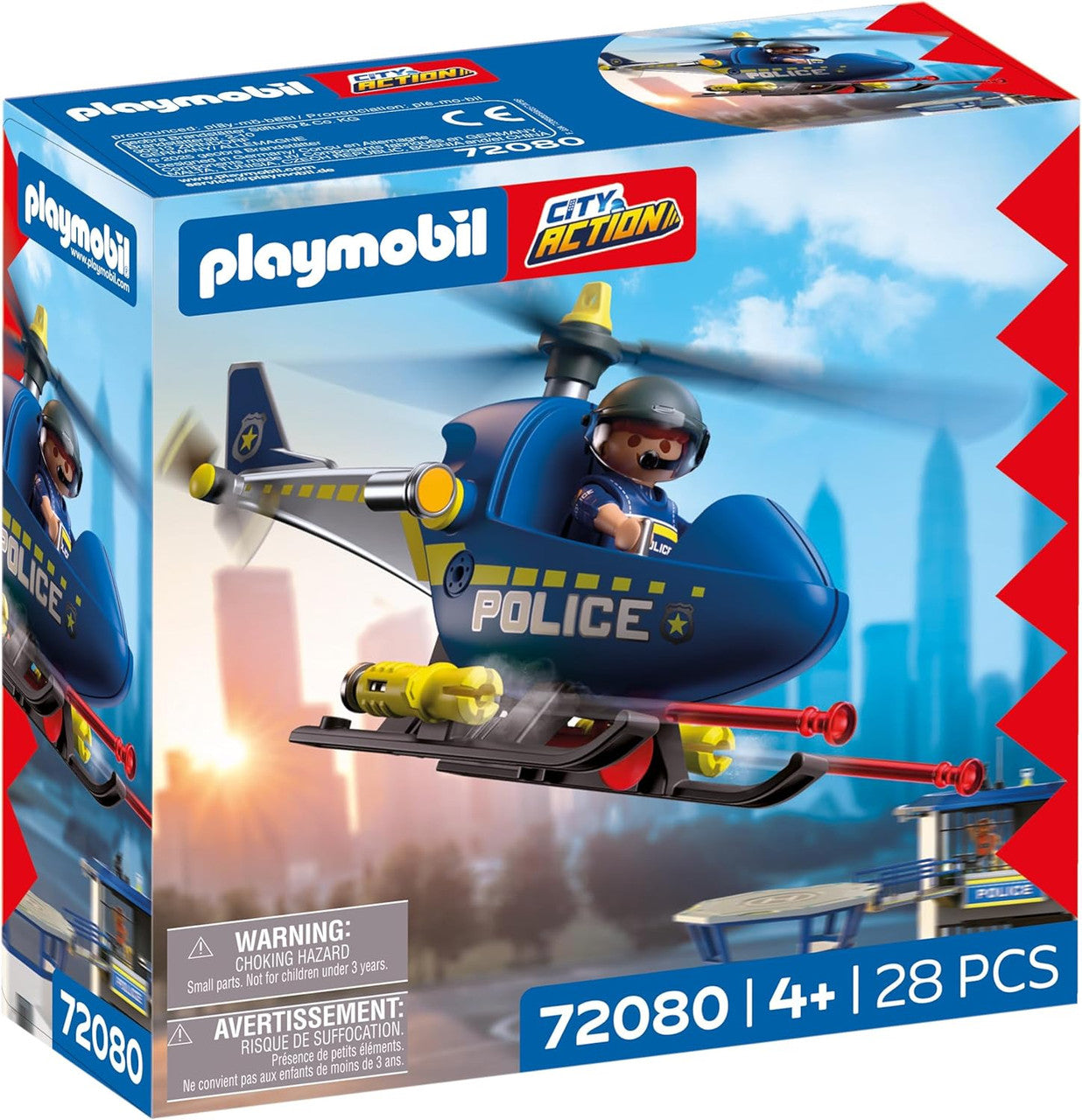 Playmobil City Action Police Helicopter 72080 featuring police pilot figure and blue police helicopter with spinning rotor blades
