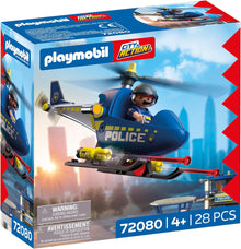 Playmobil City Action Police Helicopter 72080 featuring police pilot figure and blue police helicopter with spinning rotor blades
