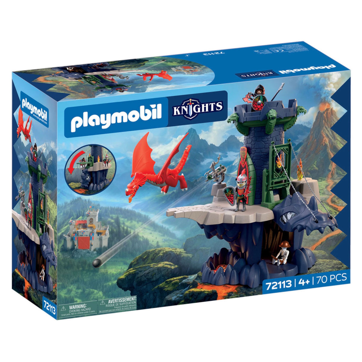 Playmobil Knights Dragons Nest toy set in its original blue retail box, featuring a dragon-themed castle with a red dragon and fantasy scene illustrations.
