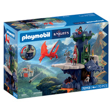 Playmobil Knights Dragons Nest toy set in its original blue retail box, featuring a dragon-themed castle with a red dragon and fantasy scene illustrations.