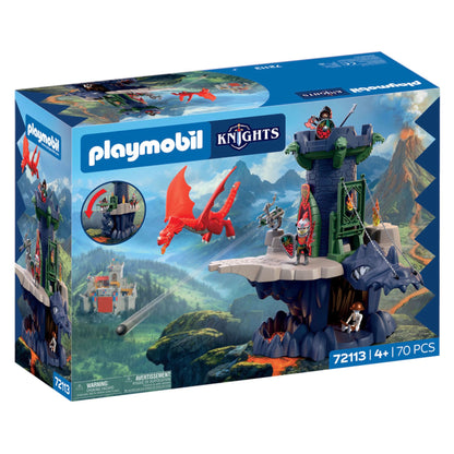 Playmobil Knights Dragons Nest toy set in its original blue retail box, featuring a dragon-themed castle with a red dragon and fantasy scene illustrations.