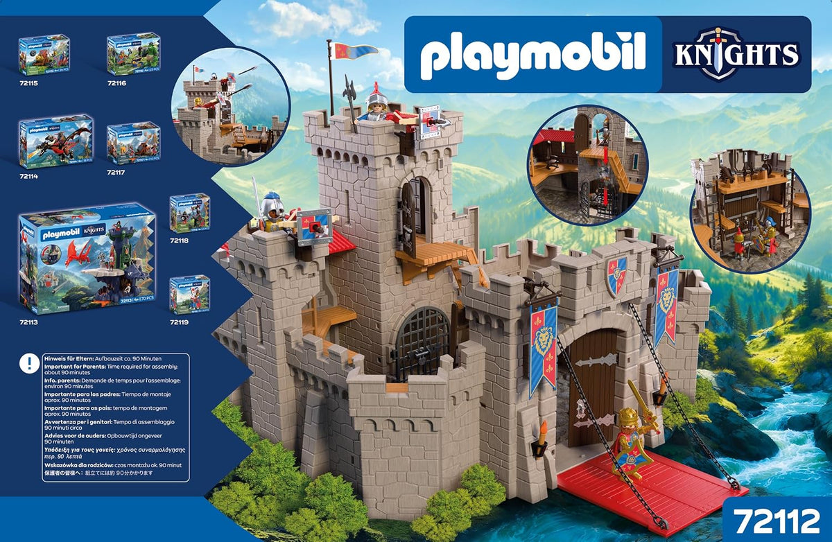 Back of Playmobil Knights 72112 castle playset packaging showing the assembled medieval fortress, working drawbridge, projectile launchers, trapdoor feature and interior play areas, with approximately 90 minutes of adult assembly indicated.