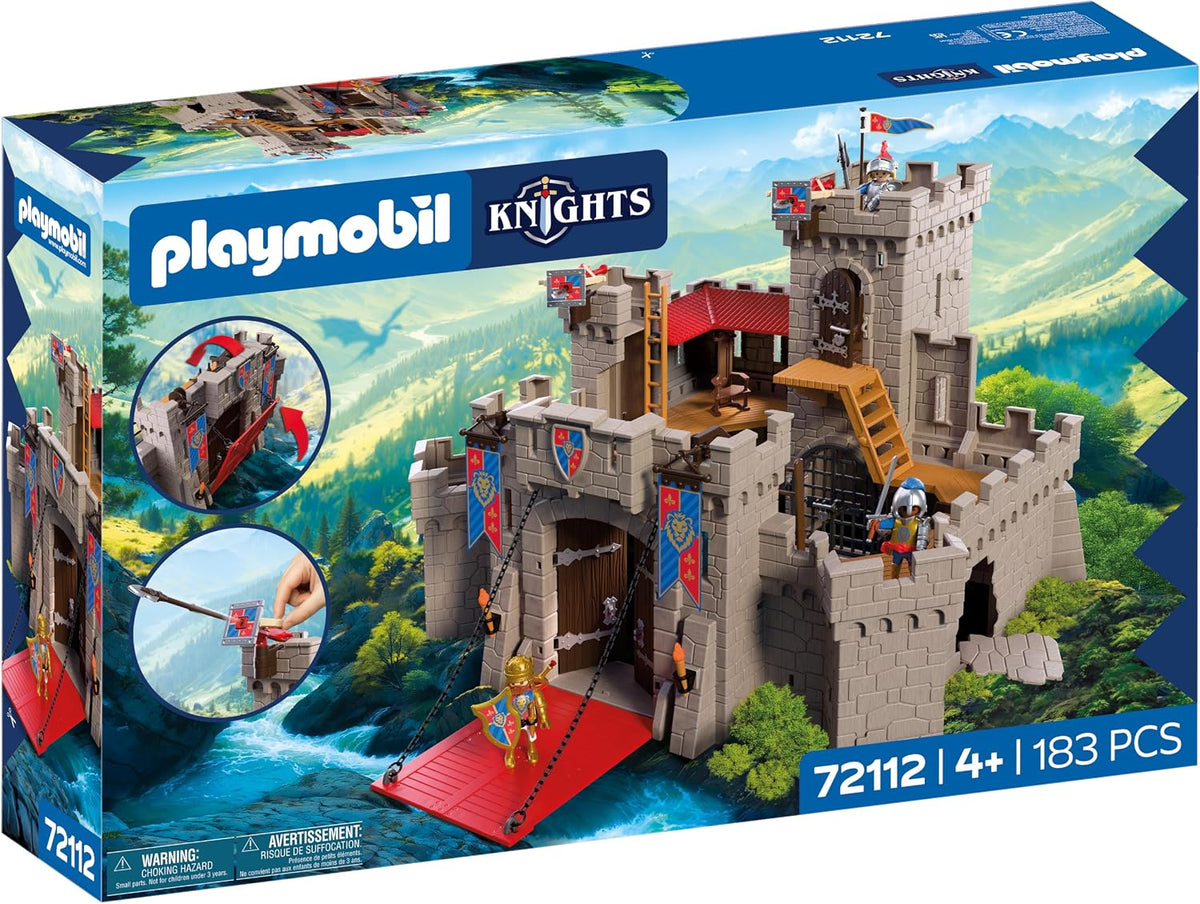 Playmobil Knights 72112 castle playset packaging showing the medieval fortress with knights, drawbridge, towers and accessories. Includes 183 pieces, suitable for ages 4 years and over.