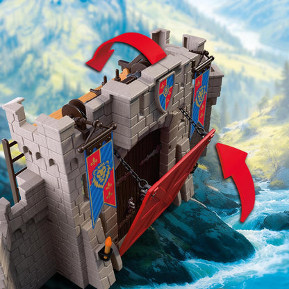 Close-up of the Playmobil Knights castle showing the red drawbridge being raised using the castle's chain-operated mechanism, with medieval banners and stone-look battlements.