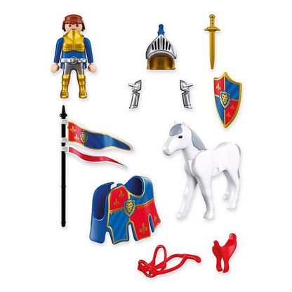 Collection of toy figures and accessories including a knight, horse, flags, and armor on a white background