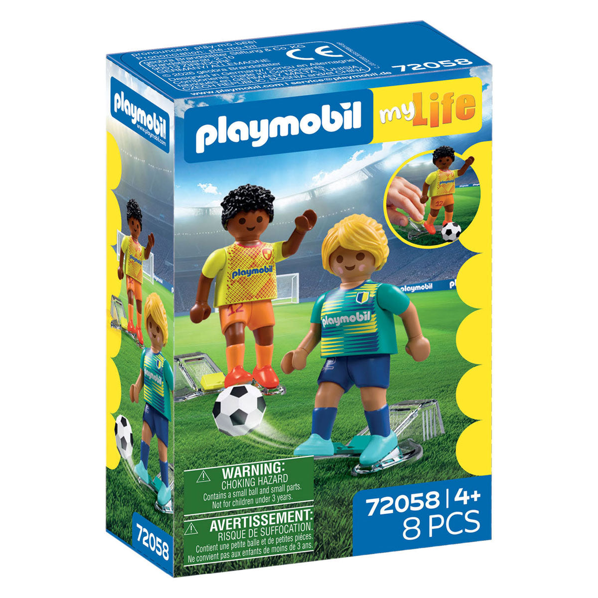 PLAYMOBIL Soccer Players 72058 with male and female football figures, soccer ball and kick action feature