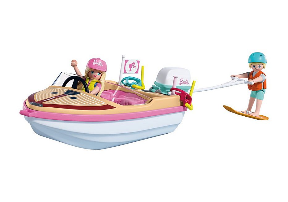 PLAYMOBIL x Barbie Adventure Boat with Barbie driving the pink speedboat and Ken on a towable wakeboard