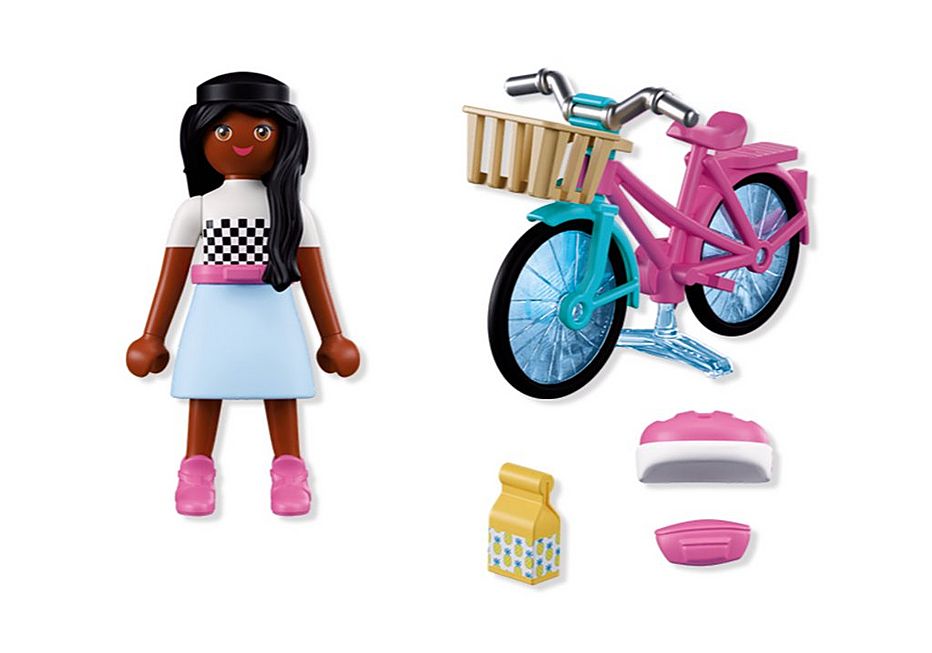 PLAYMOBIL x Barbie Brooklyn 12-piece set showing Brooklyn figure, bicycle, helmet, skirt, waist bag and drink