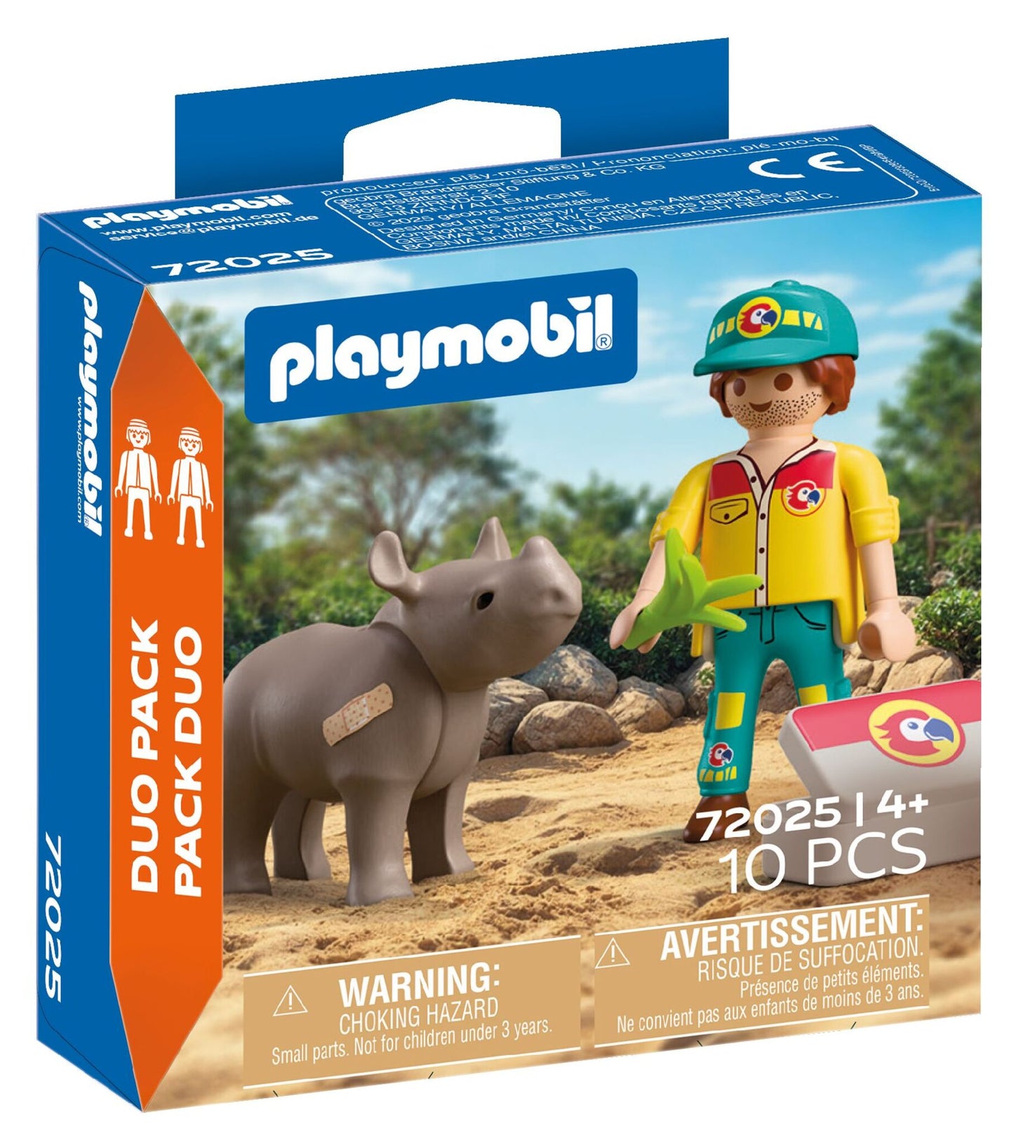 PLAYMOBIL DuoPack Ranger with Rhino 72025 featuring a ranger treating an injured baby rhinoceros with veterinary accessories