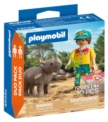 PLAYMOBIL DuoPack Ranger with Rhino 72025 featuring a ranger treating an injured baby rhinoceros with veterinary accessories