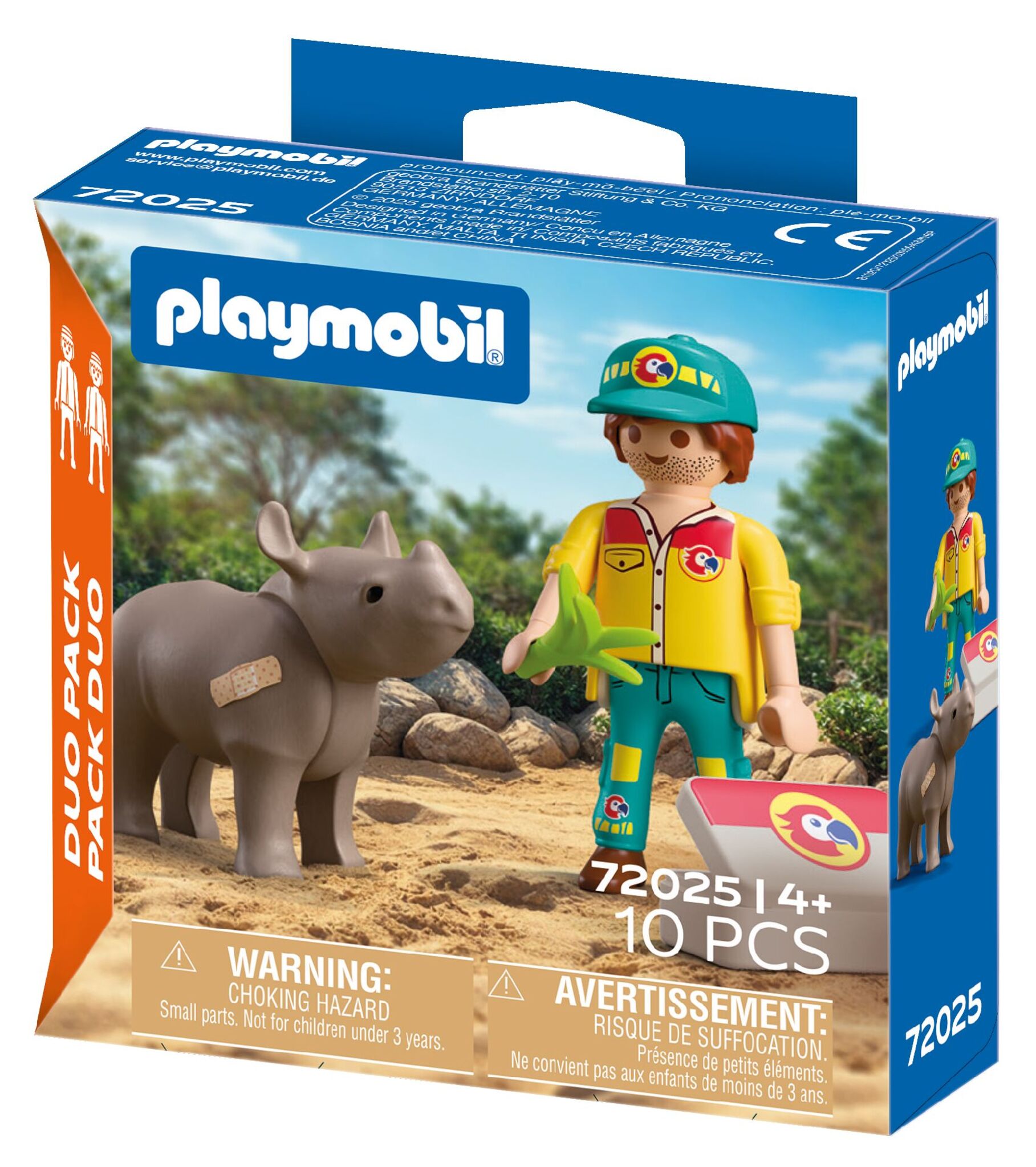 PLAYMOBIL DuoPack Ranger with Rhino 72025 featuring a ranger treating an injured baby rhinoceros with veterinary accessories