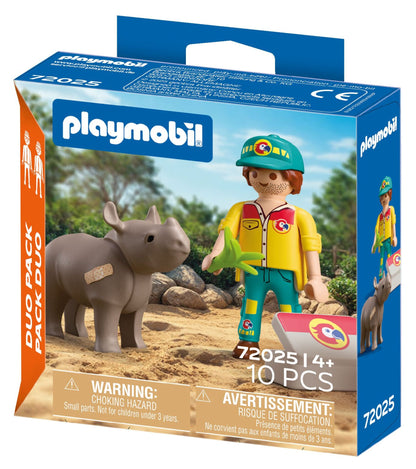 PLAYMOBIL DuoPack Ranger with Rhino 72025 featuring a ranger treating an injured baby rhinoceros with veterinary accessories