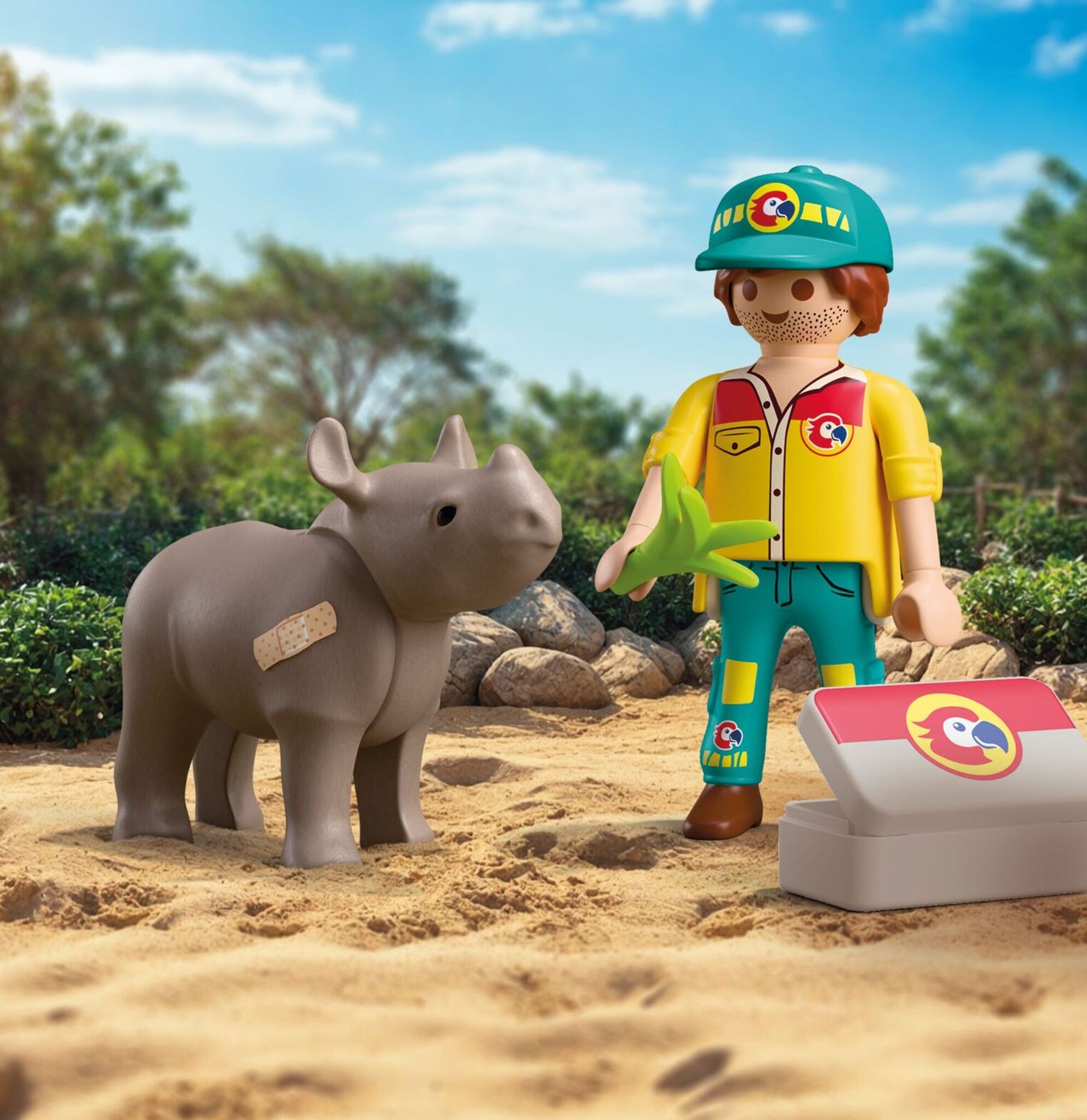 PLAYMOBIL DuoPack Ranger with Rhino 72025 featuring a ranger treating an injured baby rhinoceros with veterinary accessories