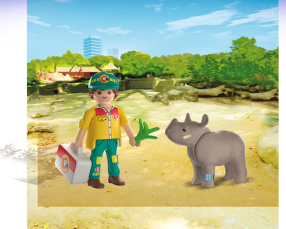 PLAYMOBIL DuoPack Ranger with Rhino 72025 featuring a ranger treating an injured baby rhinoceros with veterinary accessories