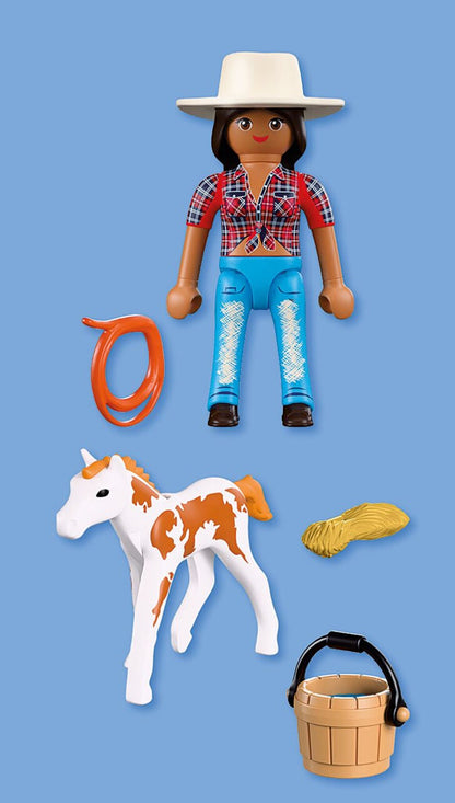 PLAYMOBIL DuoPack Horseback Rider 72026 with rider figure, Appaloosa foal, bucket, hay bale and lasso