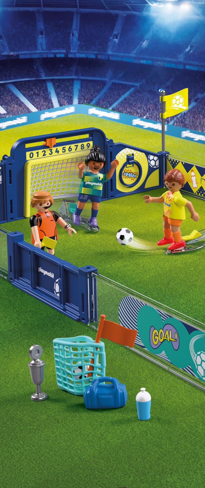PLAYMOBIL Soccer Arena 72056 interactive football stadium playset with football players, goals, scoreboard and accessories