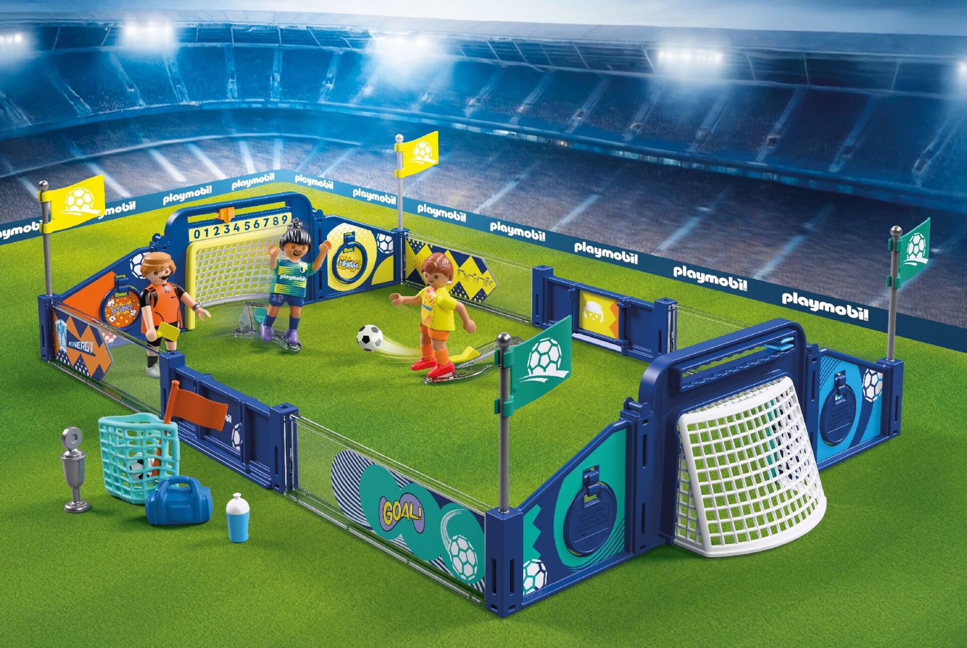 PLAYMOBIL Soccer Arena 72056 interactive football stadium playset with football players, goals, scoreboard and accessories