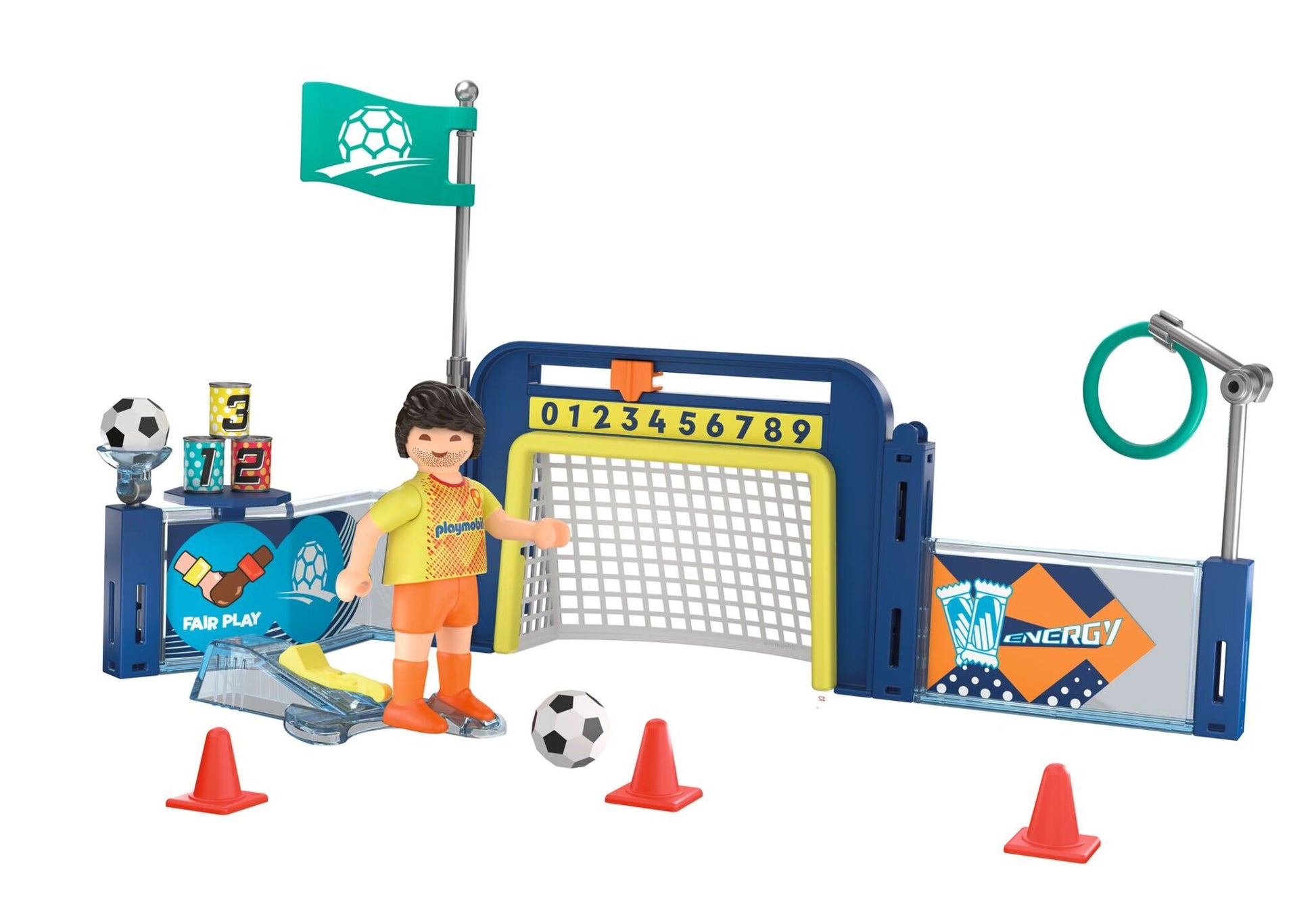 PLAYMOBIL Soccer Training Station 72057 with football player, goal, target ring, cones and shooting challenges