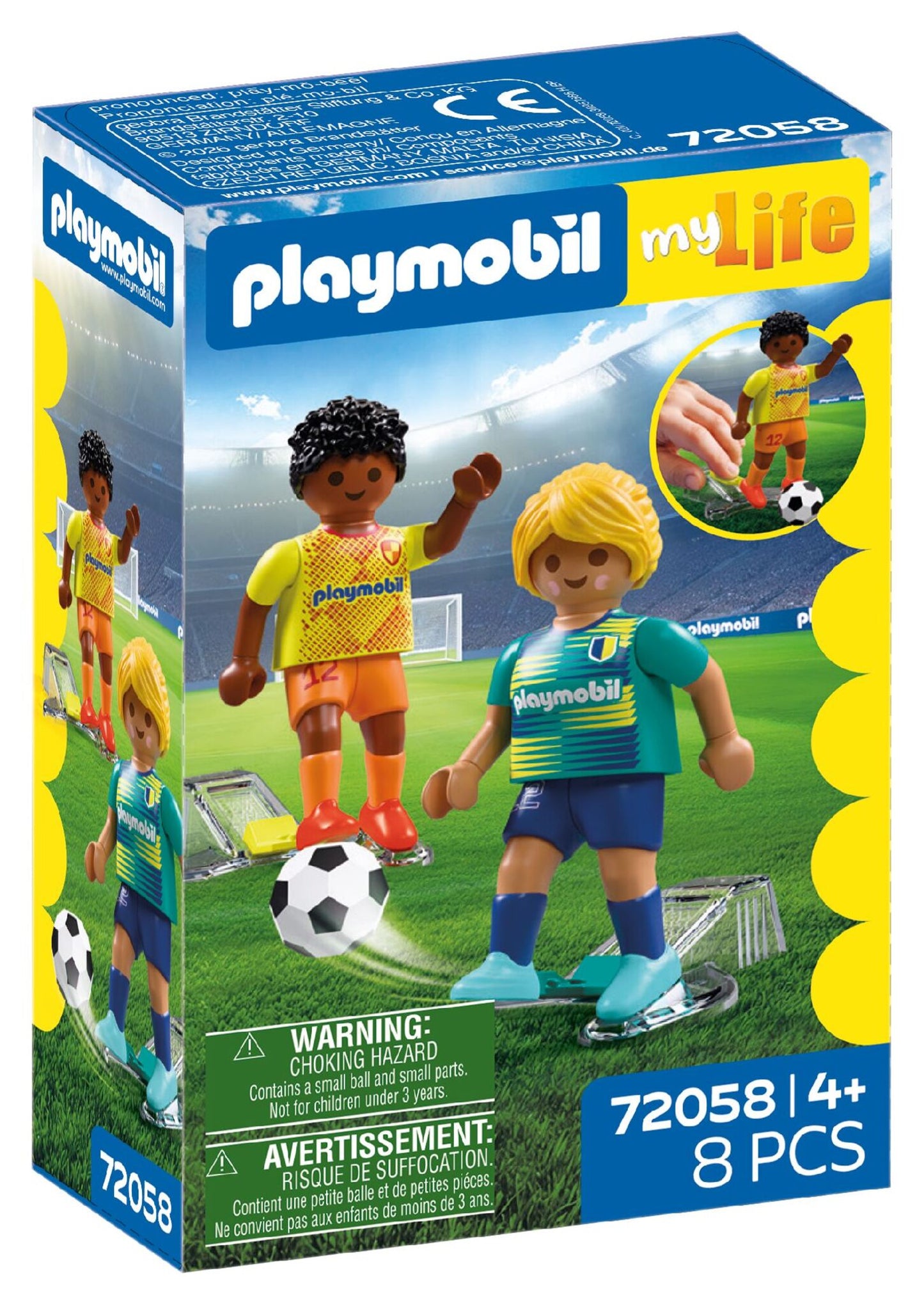 PLAYMOBIL Soccer Players 72058 with male and female football figures, soccer ball and kick action feature