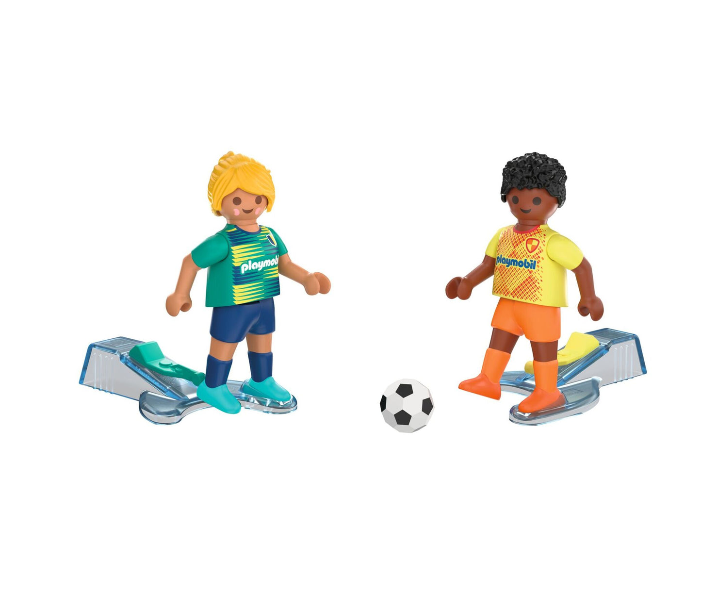 PLAYMOBIL Soccer Players 72058 with male and female football figures, soccer ball and kick action feature