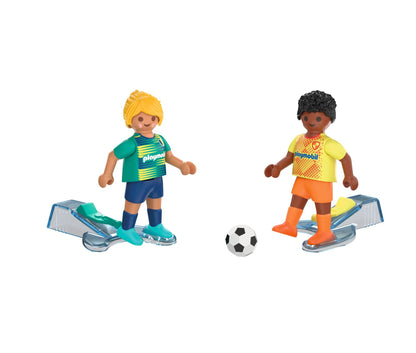 PLAYMOBIL Soccer Players 72058 with male and female football figures, soccer ball and kick action feature