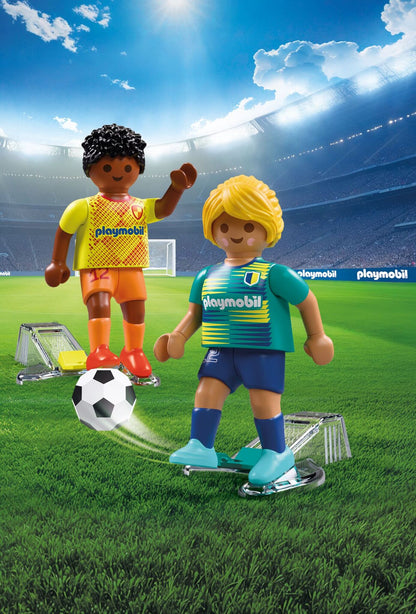 PLAYMOBIL Soccer Players 72058 with male and female football figures, soccer ball and kick action feature