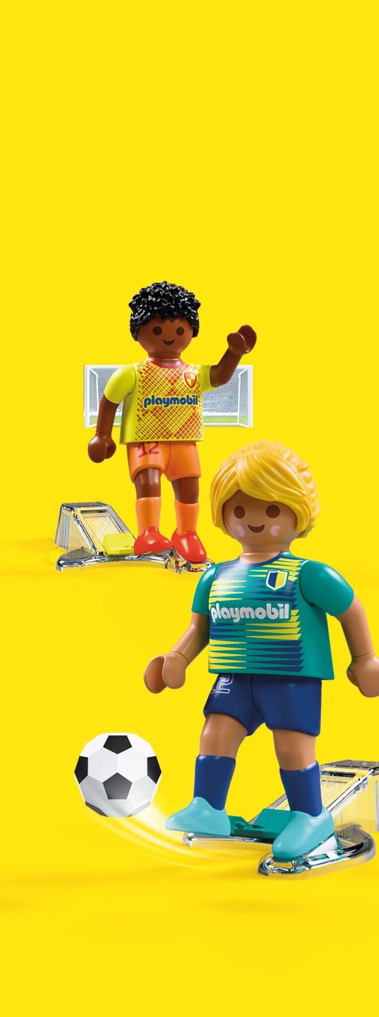 PLAYMOBIL Soccer Players 72058 with male and female football figures, soccer ball and kick action feature