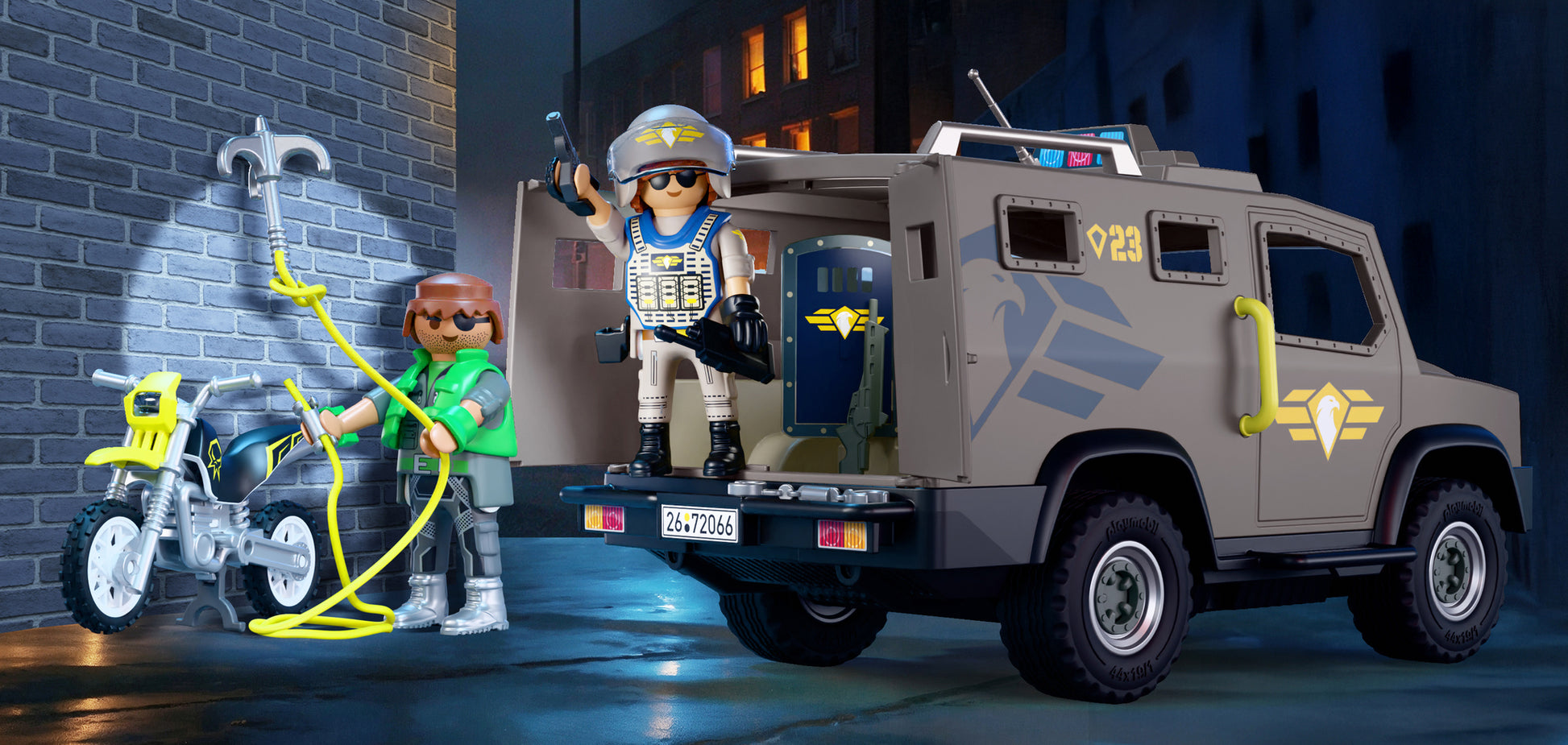 PLAYMOBIL Tactical Police Unit 72066 City Action playset with tactical vehicle, police officer, criminal and motorcycle