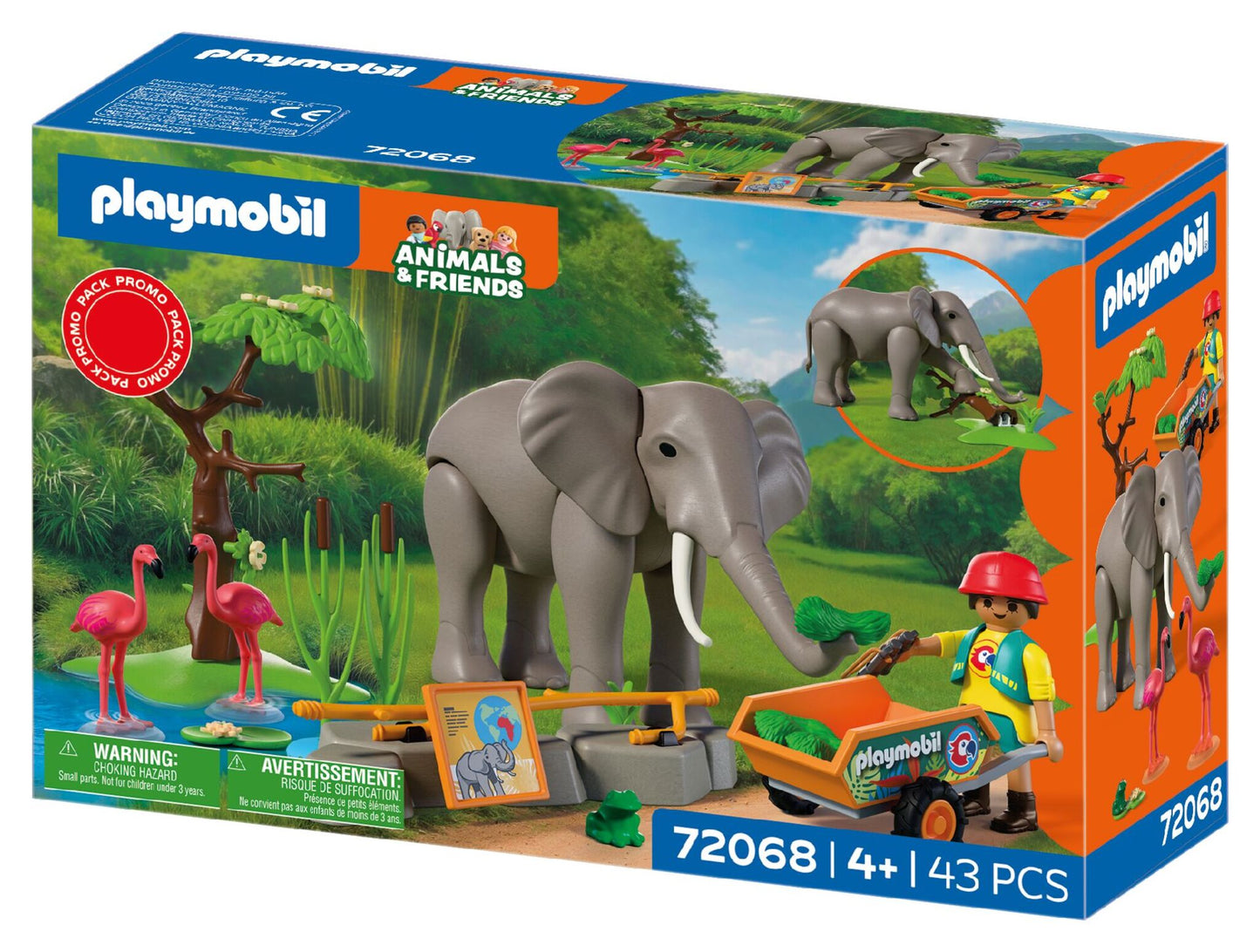 PLAYMOBIL Elephant with Zookeeper 72068 zoo playset featuring a movable elephant, flamingos, frog and animal keeper