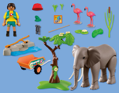PLAYMOBIL Elephant with Zookeeper 72068 zoo playset featuring a movable elephant, flamingos, frog and animal keeper
