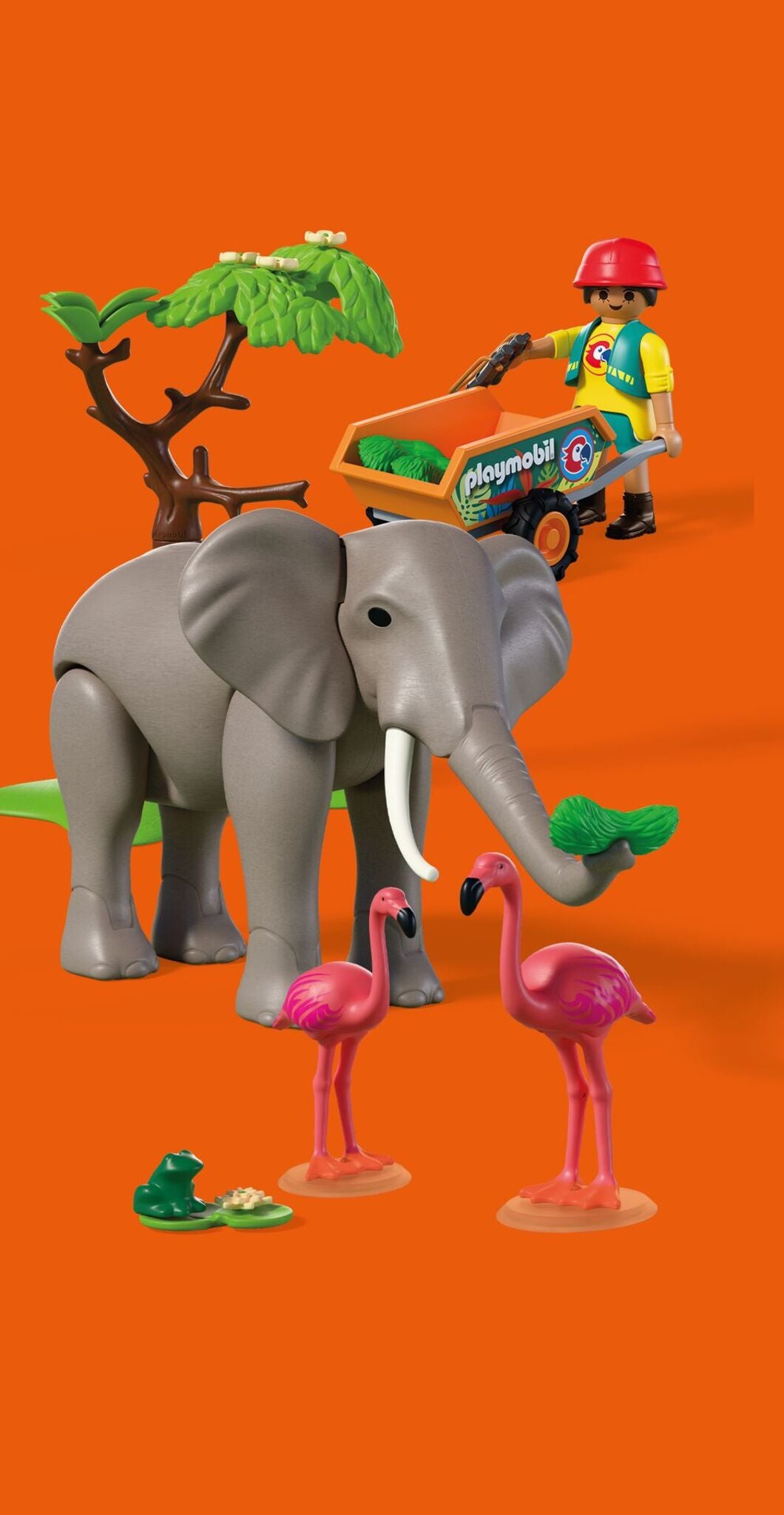 PLAYMOBIL Elephant with Zookeeper 72068 zoo playset featuring a movable elephant, flamingos, frog and animal keeper