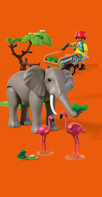 PLAYMOBIL Elephant with Zookeeper 72068 zoo playset featuring a movable elephant, flamingos, frog and animal keeper