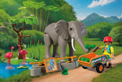 PLAYMOBIL Elephant with Zookeeper 72068 zoo playset featuring a movable elephant, flamingos, frog and animal keeper