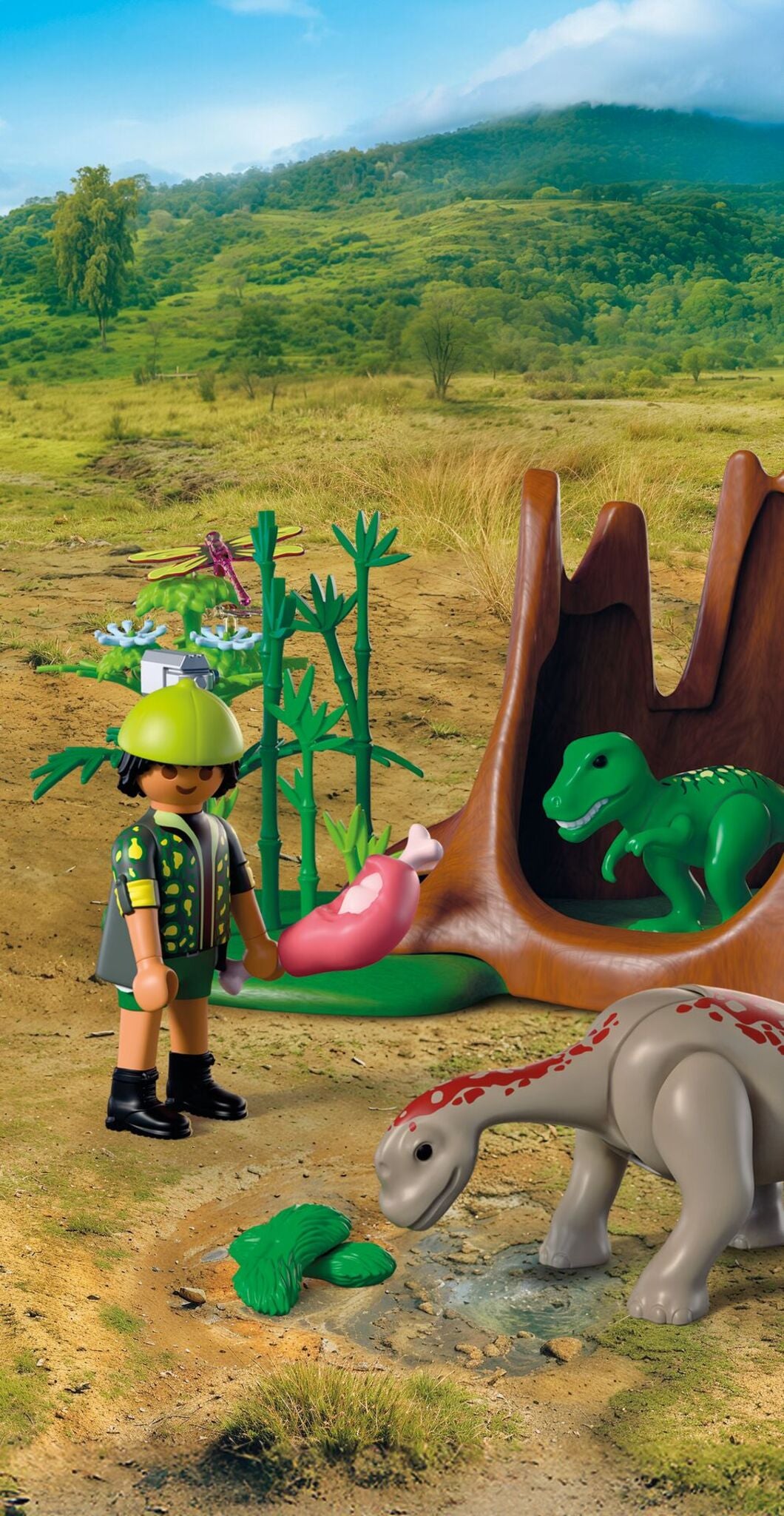 PLAYMOBIL Dino Hideaway 72069 dinosaur playset with researcher, pull-back quad bike, baby T-Rex and baby Brachiosaurus