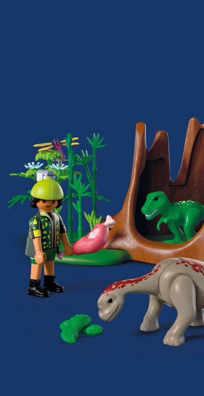 PLAYMOBIL Dino Hideaway 72069 dinosaur playset with researcher, pull-back quad bike, baby T-Rex and baby Brachiosaurus