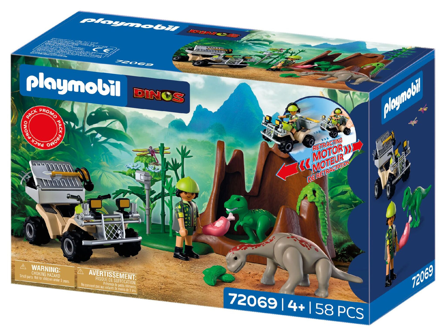 PLAYMOBIL Dino Hideaway 72069 dinosaur playset with researcher, pull-back quad bike, baby T-Rex and baby Brachiosaurus