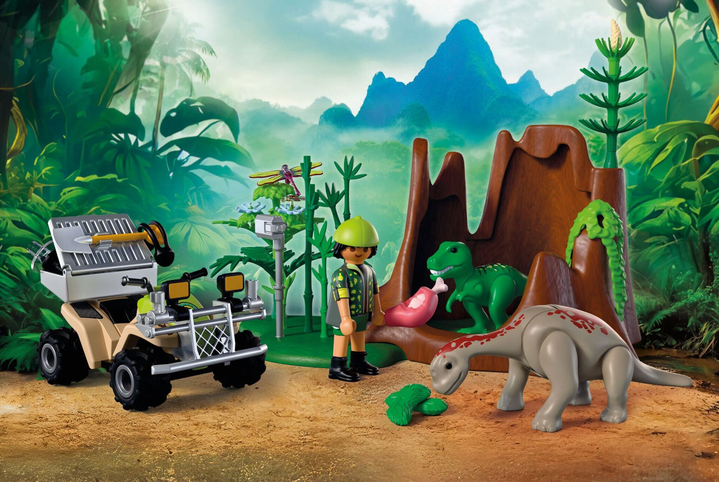 PLAYMOBIL Dino Hideaway 72069 dinosaur playset with researcher, pull-back quad bike, baby T-Rex and baby Brachiosaurus