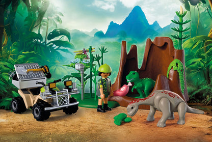 PLAYMOBIL Dino Hideaway 72069 dinosaur playset with researcher, pull-back quad bike, baby T-Rex and baby Brachiosaurus
