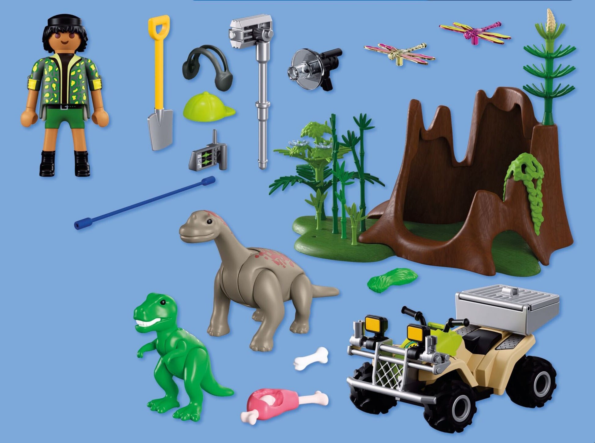 PLAYMOBIL Dino Hideaway 72069 dinosaur playset with researcher, pull-back quad bike, baby T-Rex and baby Brachiosaurus