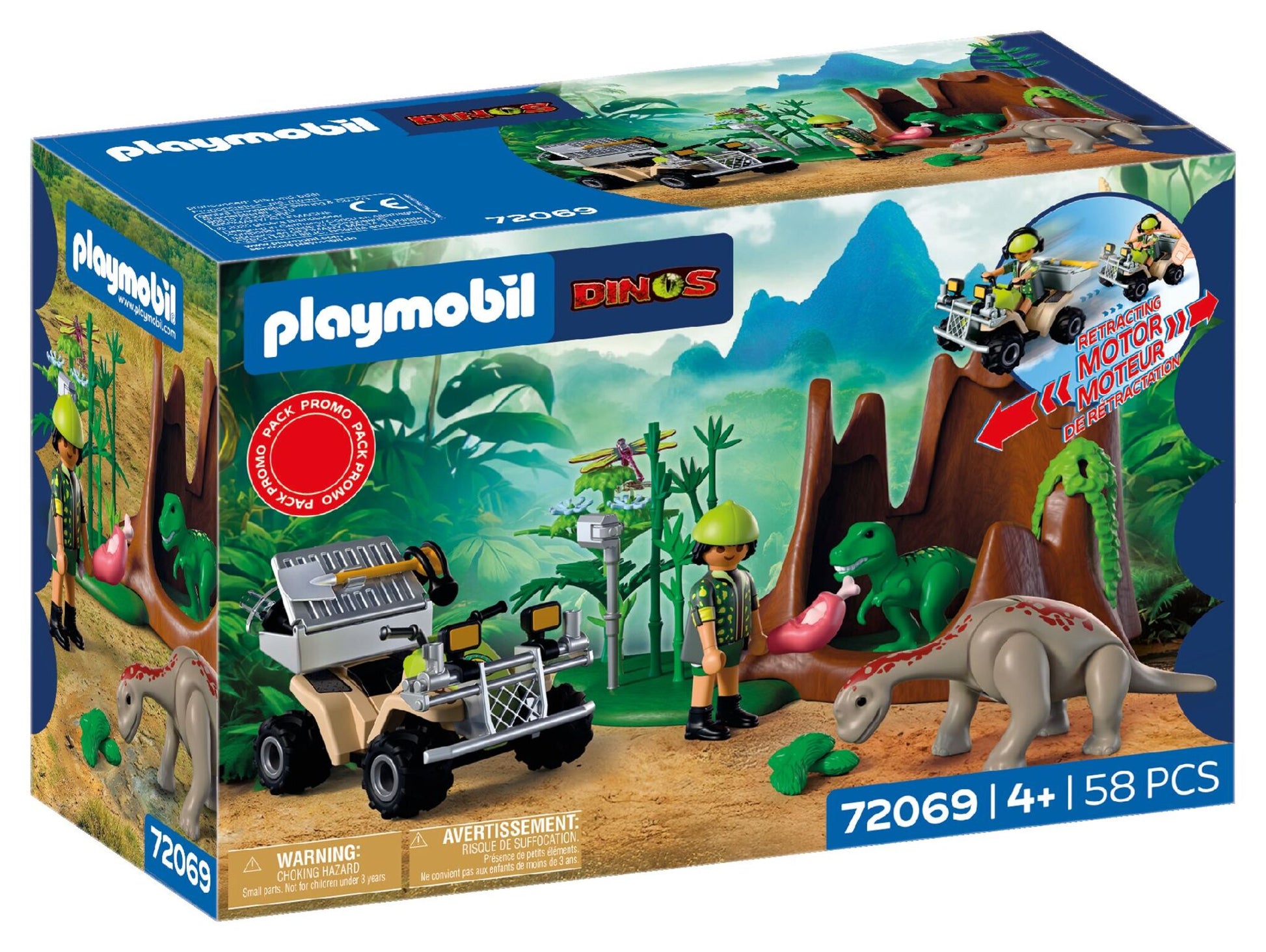 PLAYMOBIL Dino Hideaway 72069 dinosaur playset with researcher, pull-back quad bike, baby T-Rex and baby Brachiosaurus