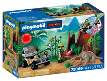 PLAYMOBIL Dino Hideaway 72069 dinosaur playset with researcher, pull-back quad bike, baby T-Rex and baby Brachiosaurus