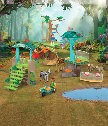 Playmobil Zoo Wilderness Climbing Park 72070 safari playset with cable car, suspension bridge, giraffe, zebra, lions and viewing platforms