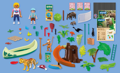PLAYMOBIL Zoo Jungle Adventure 72071 jungle tree playset with canoe, jaguar, tapirs, monkey and explorer figures