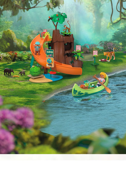 PLAYMOBIL Zoo Jungle Adventure 72071 jungle tree playset with canoe, jaguar, tapirs, monkey and explorer figures