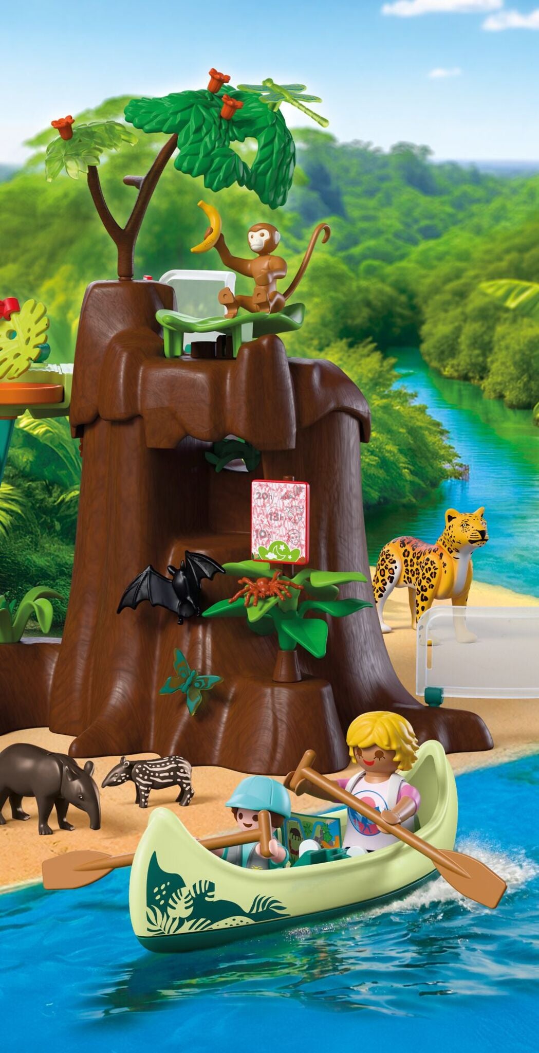 PLAYMOBIL Zoo Jungle Adventure 72071 jungle tree playset with canoe, jaguar, tapirs, monkey and explorer figures