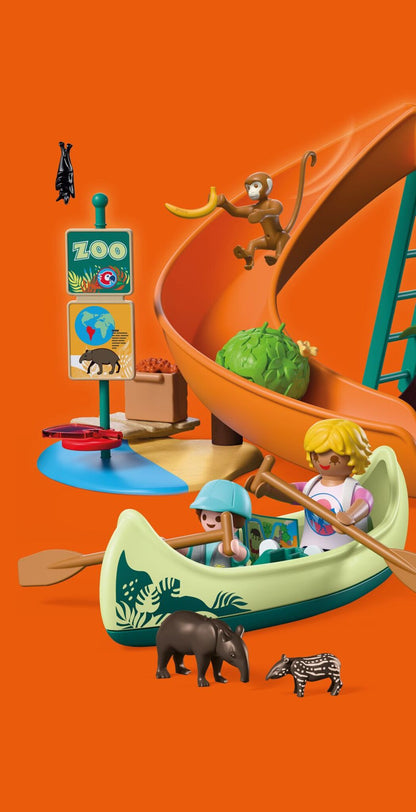 PLAYMOBIL Zoo Jungle Adventure 72071 jungle tree playset with canoe, jaguar, tapirs, monkey and explorer figures