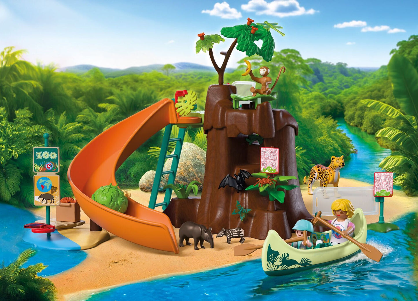 PLAYMOBIL Zoo Jungle Adventure 72071 jungle tree playset with canoe, jaguar, tapirs, monkey and explorer figures