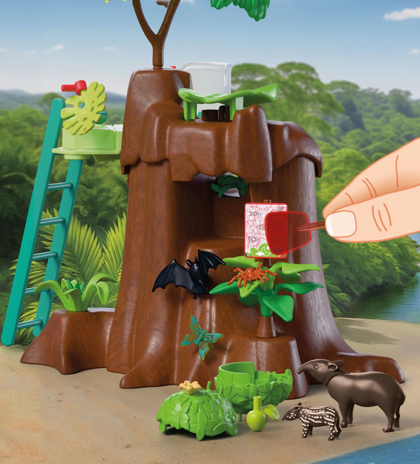 PLAYMOBIL Zoo Jungle Adventure 72071 jungle tree playset with canoe, jaguar, tapirs, monkey and explorer figures