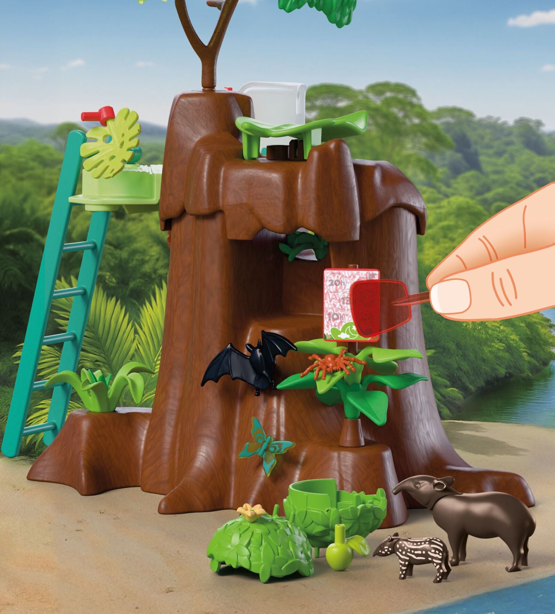 PLAYMOBIL Zoo Jungle Adventure 72071 jungle tree playset with canoe, jaguar, tapirs, monkey and explorer figures